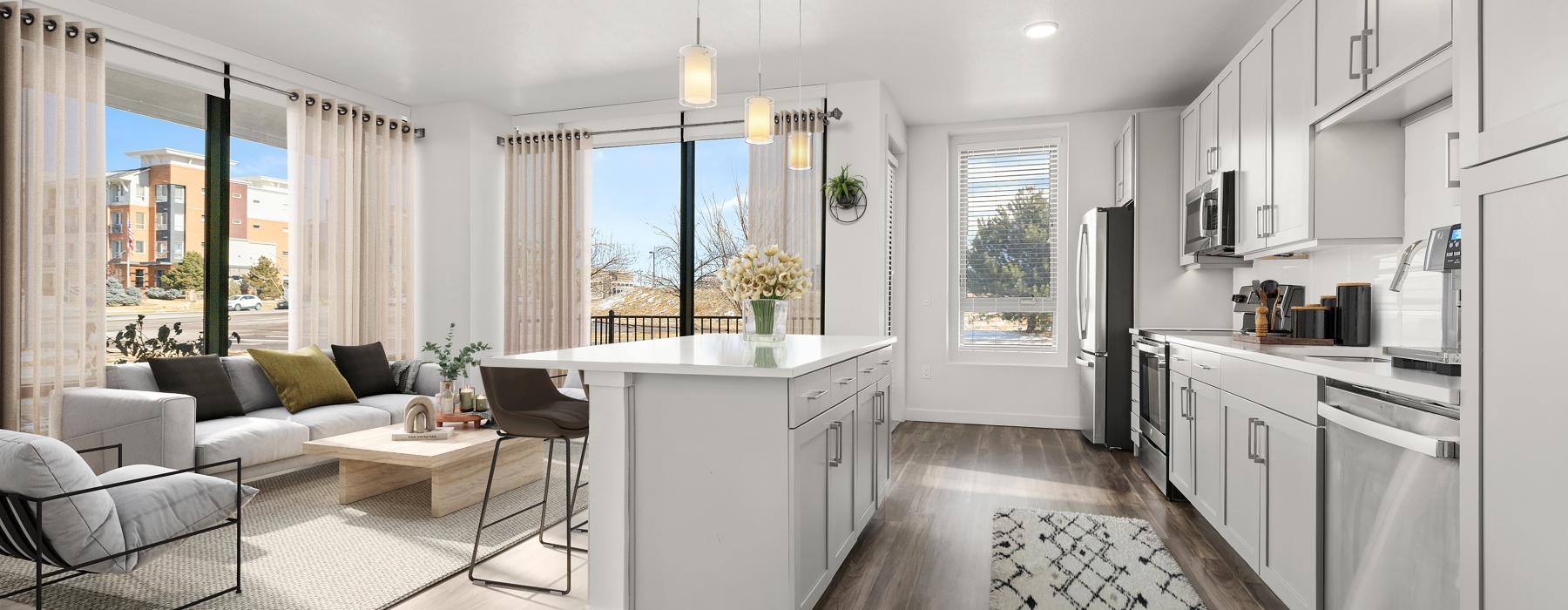 a kitchen with a wood floor