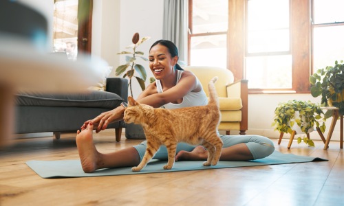 girl doing yoga with pet cat